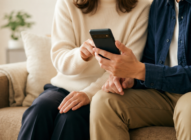 自宅のソファでスマートフォンからAI不動産査定を利用する様子