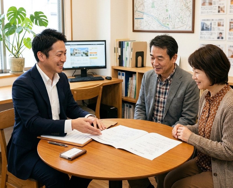 空き家の売却の進め方をスタッフに相談する様子